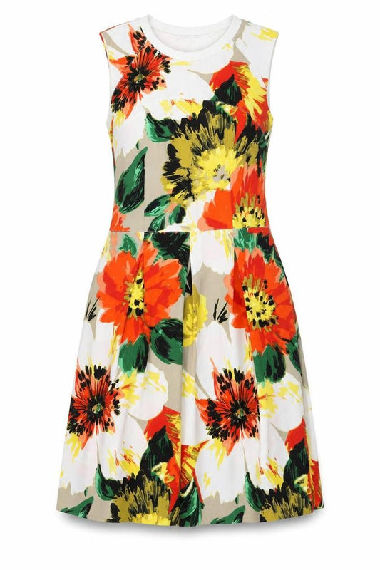 Front view of Next women’s multicoloured floral polyester fit & flare, size UK 12, crew neck zip
