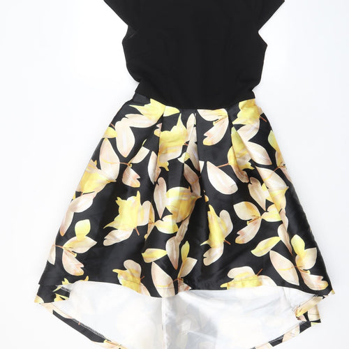 Lucy Wang Womens Black Floral Polyester Fit & Flare Size S Boat Neck Zip - Pleated