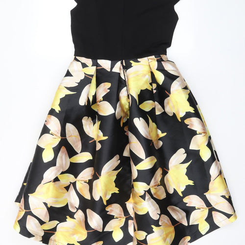 Lucy Wang Womens Black Floral Polyester Fit & Flare Size S Boat Neck Zip - Pleated