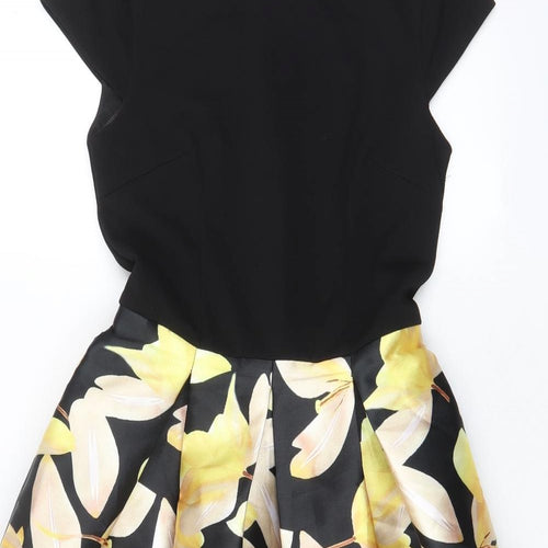 Lucy Wang Womens Black Floral Polyester Fit & Flare Size S Boat Neck Zip - Pleated