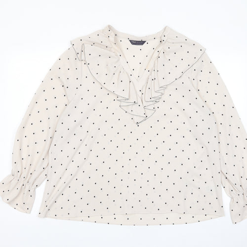 Marks and Spencer Womens Beige Polka Dot Polyester Basic Blouse Size 12 V-Neck - Frill