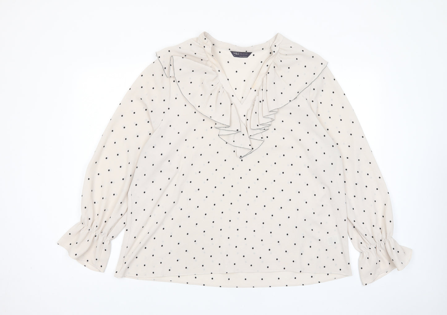 Marks and Spencer Womens Beige Polka Dot Polyester Basic Blouse Size 12 V-Neck - Frill