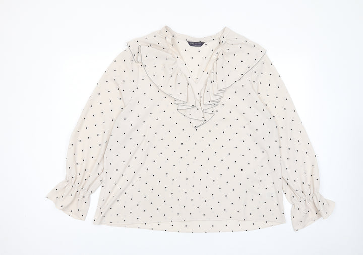 Marks and Spencer Womens Beige Polka Dot Polyester Basic Blouse Size 12 V-Neck - Frill