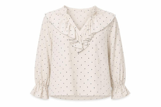 Front view of Marks & Spencer women’s beige polka dot polyester basic blouse, size UK 12, v-neck - frill