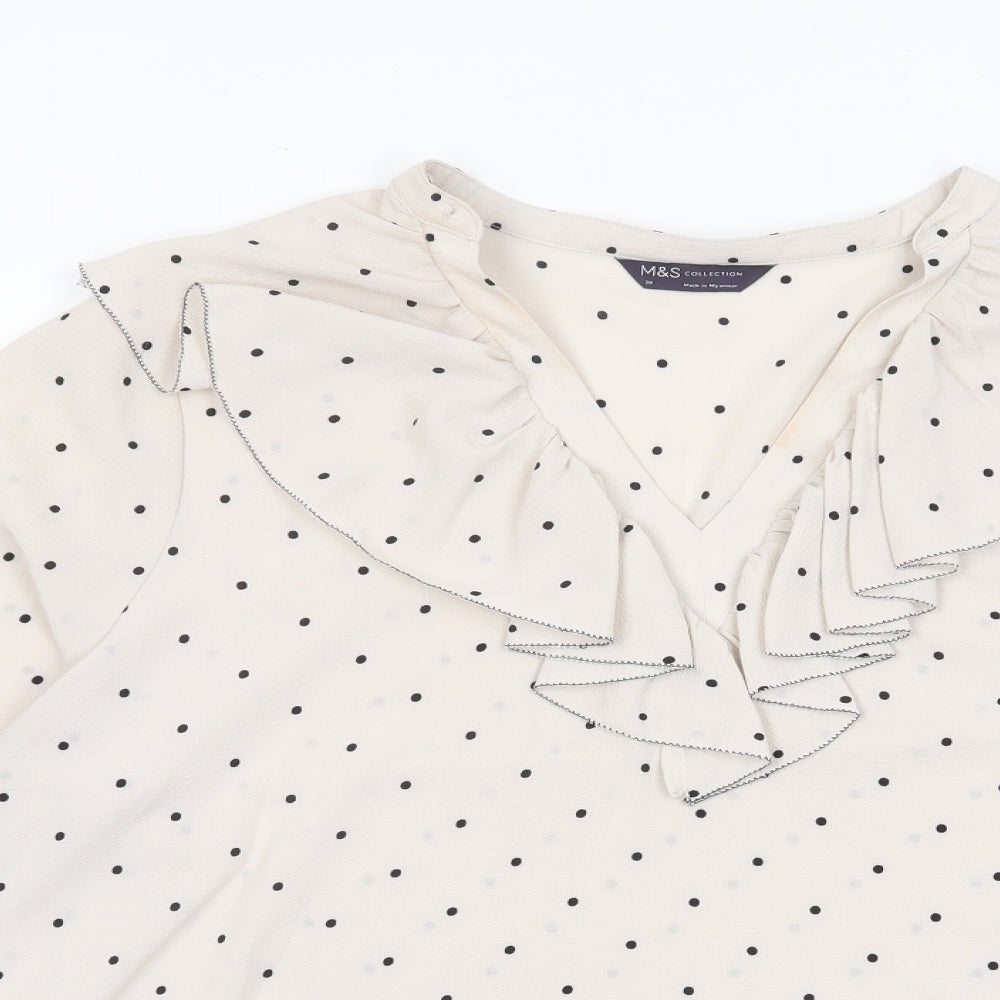 Marks and Spencer Womens Beige Polka Dot Polyester Basic Blouse Size 12 V-Neck - Frill