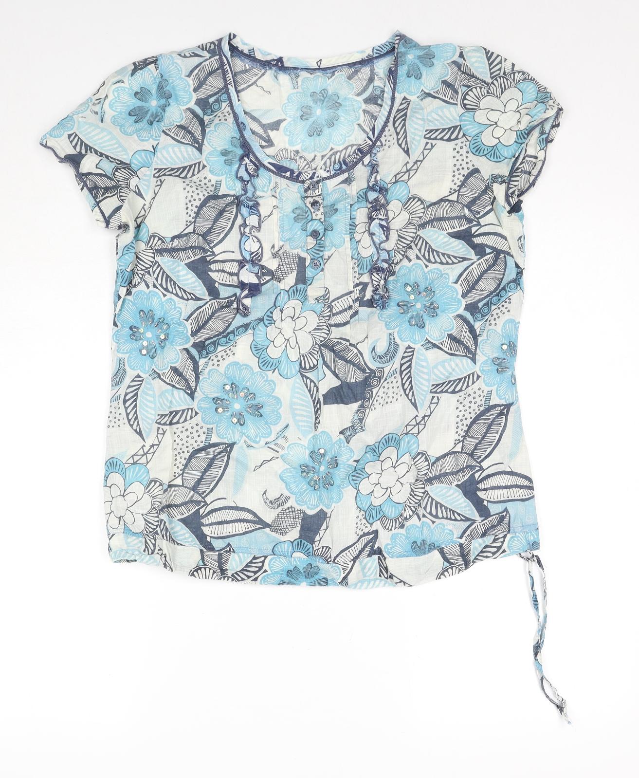 NEXT Womens Blue Floral Cotton Basic Blouse Size 10 V-Neck