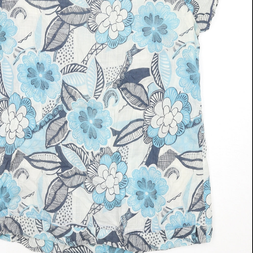 NEXT Womens Blue Floral Cotton Basic Blouse Size 10 V-Neck