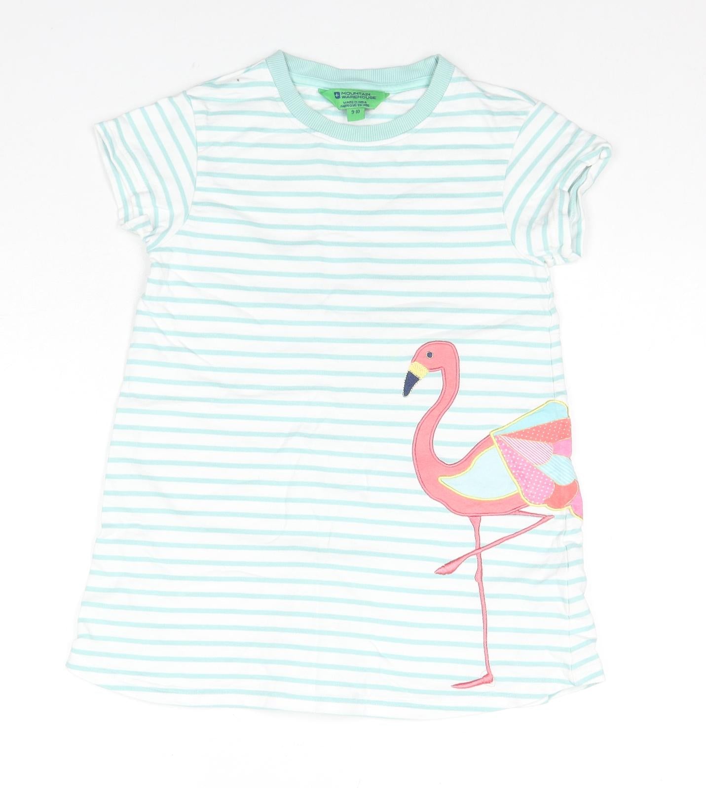 Mountain Warehouse Girls Blue Striped Cotton Tunic T-Shirt Size 9-10 Years Round Neck Pullover - Flamingo