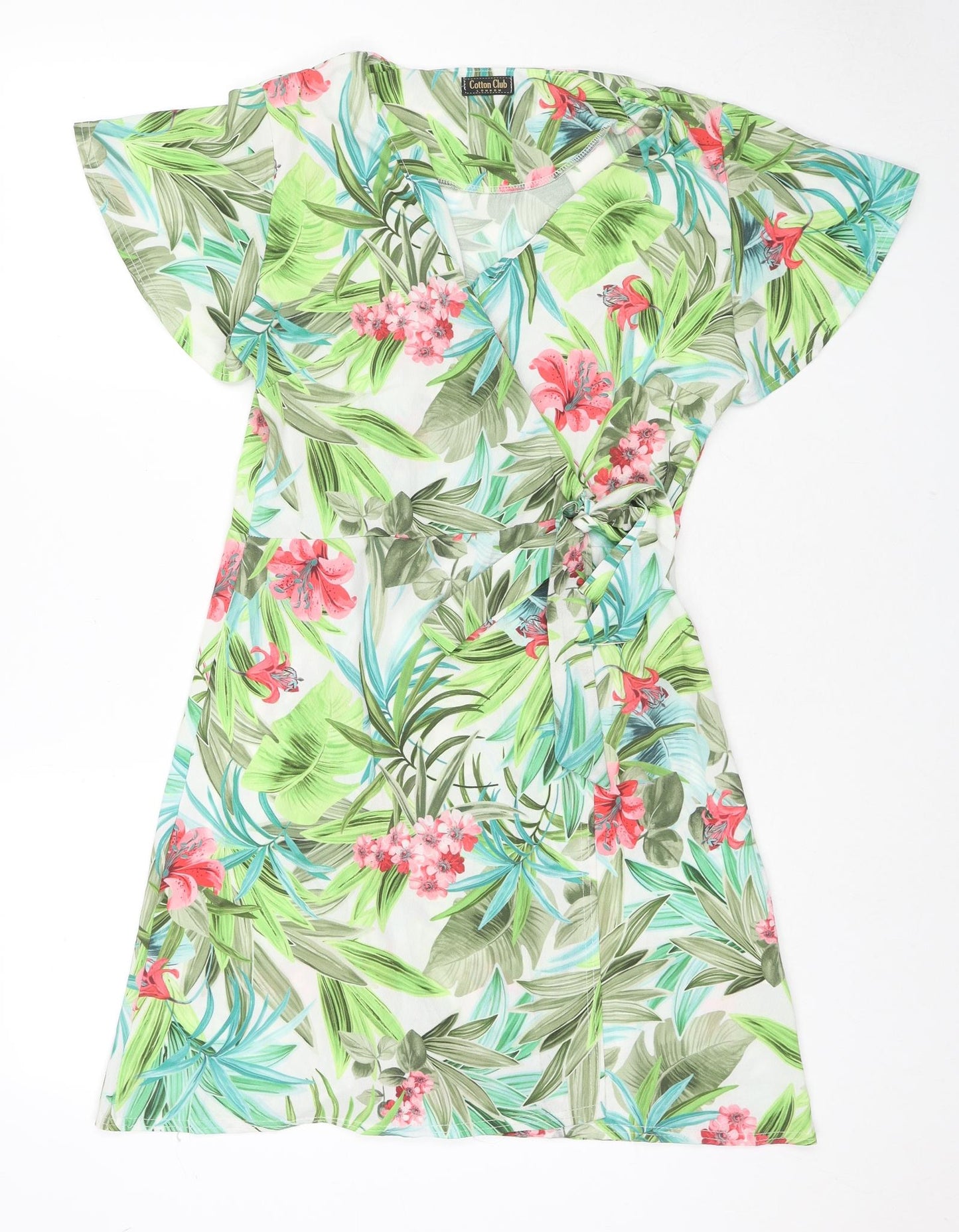 COTTON CLUB Womens Green Floral Polyester Wrap Dress Size 10 V-Neck Button