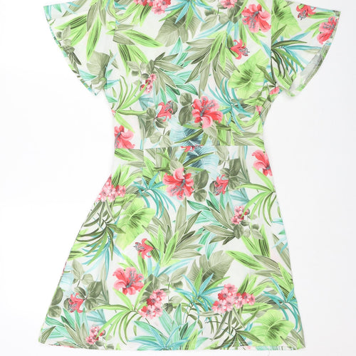 COTTON CLUB Womens Green Floral Polyester Wrap Dress Size 10 V-Neck Button