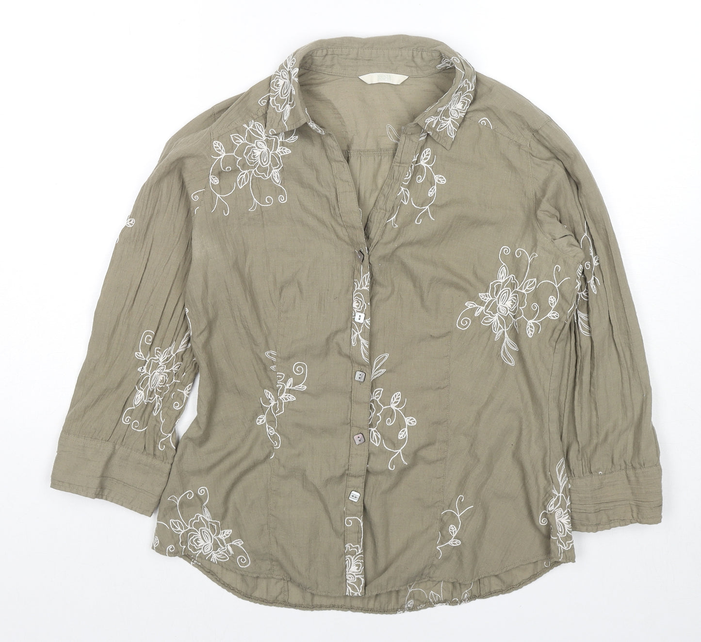Marks and Spencer Womens Green Cotton Basic Button-Up Size 10 Collared
