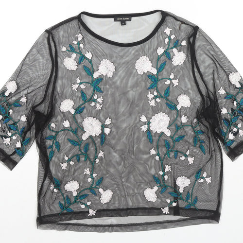 River Island Womens Black Polyester Basic Blouse Size 12 Round Neck - Flowers