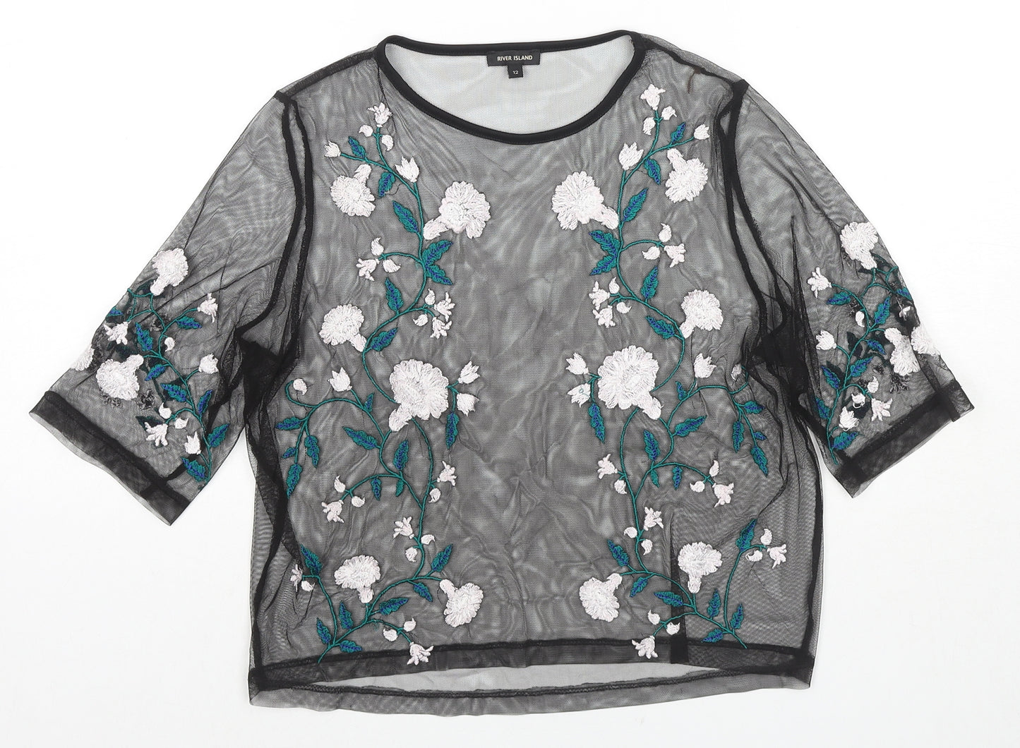 River Island Womens Black Polyester Basic Blouse Size 12 Round Neck - Flowers