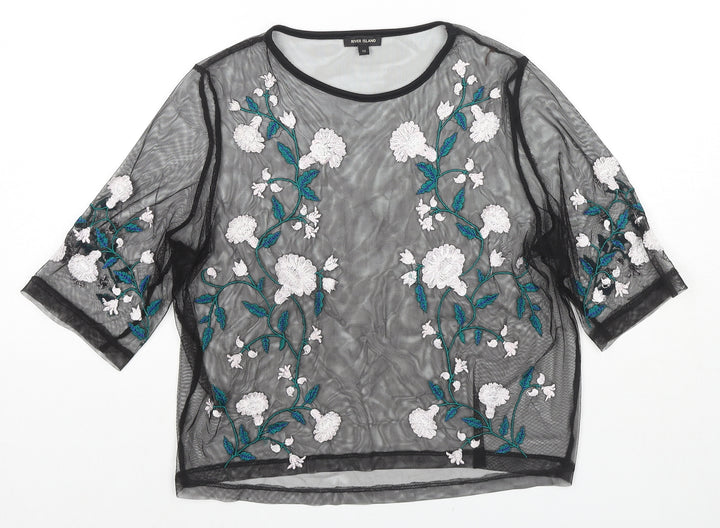 River Island Womens Black Polyester Basic Blouse Size 12 Round Neck - Flowers