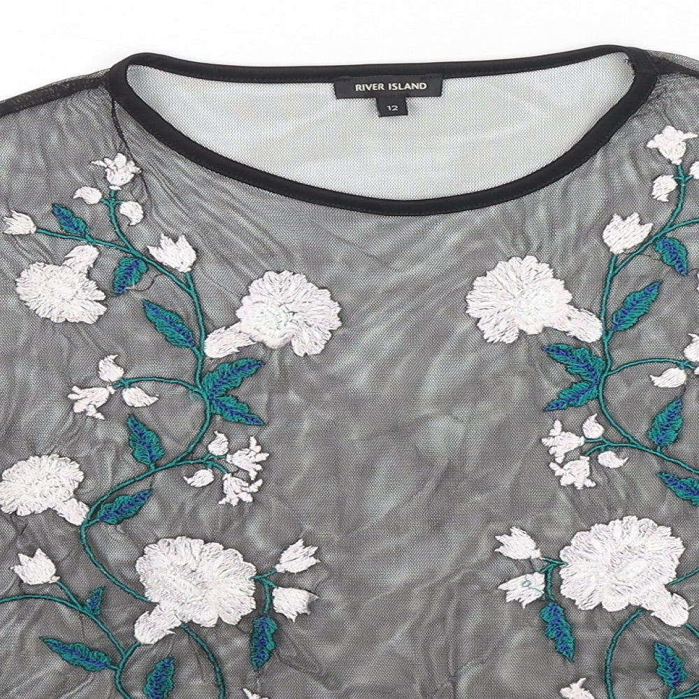 River Island Womens Black Polyester Basic Blouse Size 12 Round Neck - Flowers