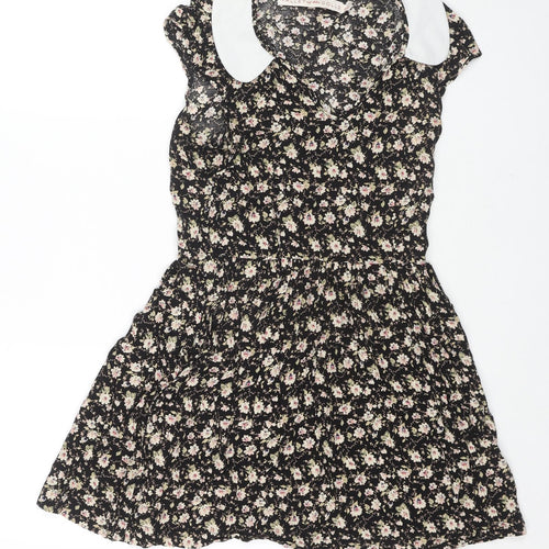 Valley Of The Dolls Womens Black Floral Viscose Fit & Flare Size 8 Collared Pullover - Pockets