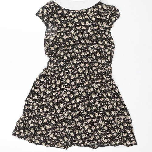 Valley Of The Dolls Womens Black Floral Viscose Fit & Flare Size 8 Collared Pullover - Pockets