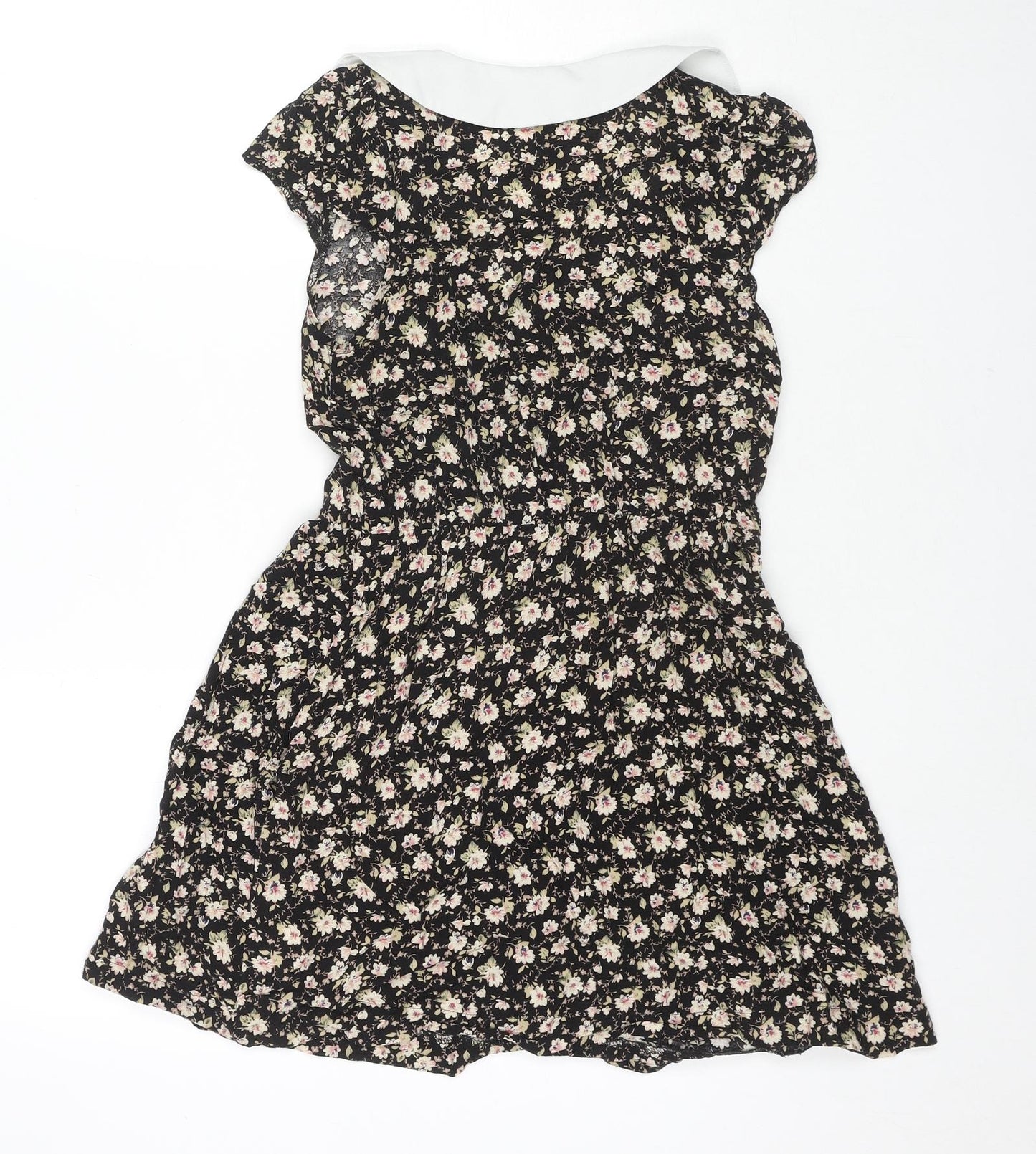 Valley Of The Dolls Womens Black Floral Viscose Fit & Flare Size 8 Collared Pullover - Pockets