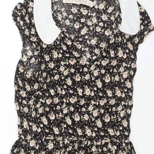 Valley Of The Dolls Womens Black Floral Viscose Fit & Flare Size 8 Collared Pullover - Pockets