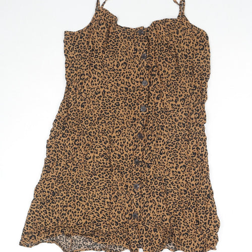 H&M Womens Beige Animal Print Viscose Tank Dress Size 10 Square Neck Button