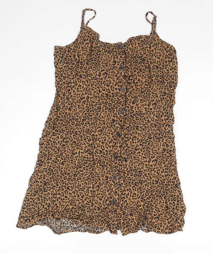 H&M Womens Beige Animal Print Viscose Tank Dress Size 10 Square Neck Button