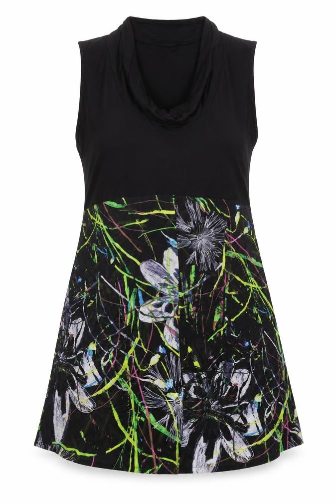 TS Womens Black Geometric Viscose Tank Dress Size M Cowl Neck Pullover - Flowers