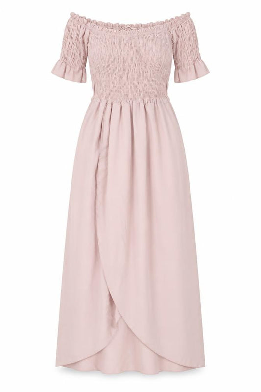 Front view of Made in Italy women’s pink polyester maxi, size UK 18, off the shoulder pullover