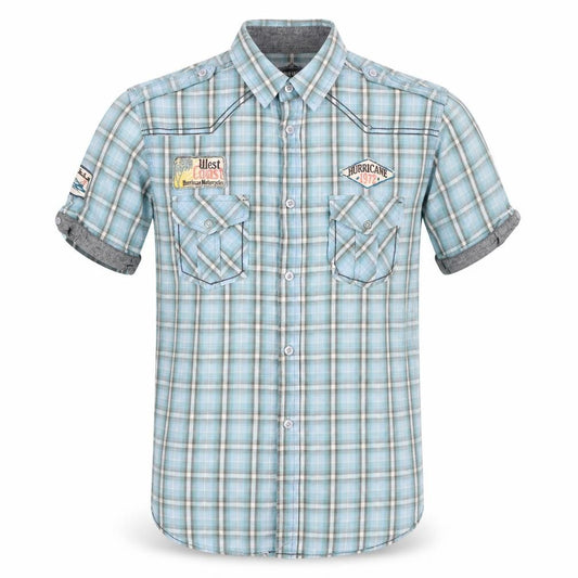 Front view of UrbanSpirit men’s blue check cotton button-up, size S, collared button
