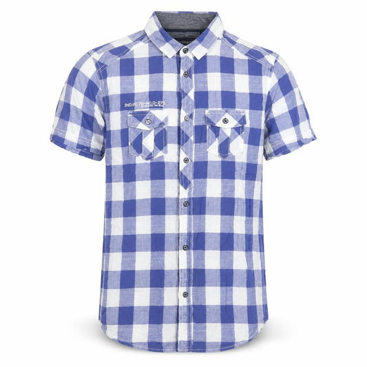 Front view of Industrialize men’s blue check cotton button-up, size S, collared button