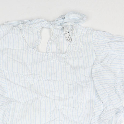 Zara Womens Blue Striped Viscose Basic Blouse Size M Round Neck