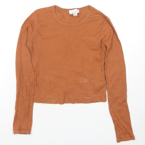 Topshop Womens Brown Cotton Cropped T-Shirt Size 8 Round Neck