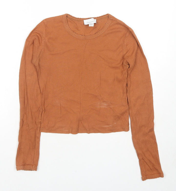 Topshop Womens Brown Cotton Cropped T-Shirt Size 8 Round Neck