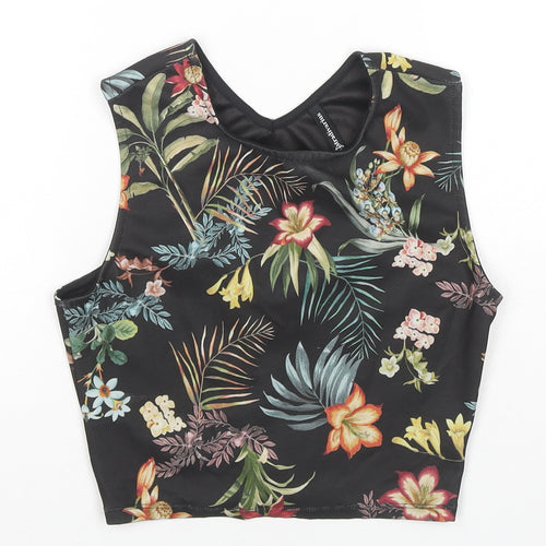Stradivarius Womens Black Floral Polyester Cropped Blouse Size 8 Round Neck