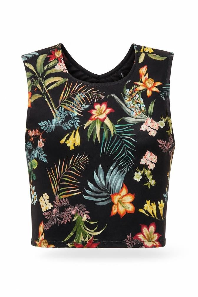Front view of Stradivarius women’s black floral polyester cropped blouse, size UK 8, round neck