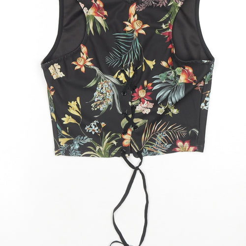 Stradivarius Womens Black Floral Polyester Cropped Blouse Size 8 Round Neck