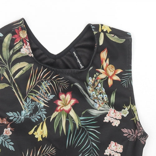 Stradivarius Womens Black Floral Polyester Cropped Blouse Size 8 Round Neck