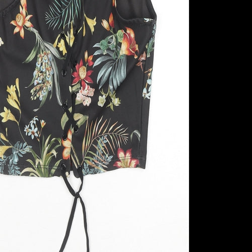 Stradivarius Womens Black Floral Polyester Cropped Blouse Size 8 Round Neck