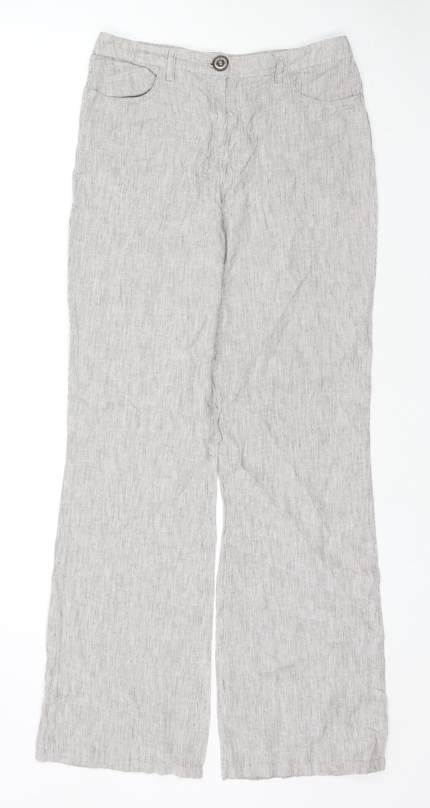 Per Una Womens Beige Striped Linen Trousers Size 10 L32 in Regular Zip