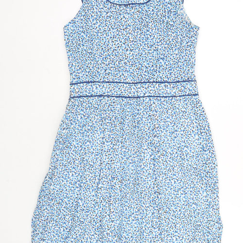 Simone Womens Blue Geometric Cotton A-Line Size 6 Round Neck Zip