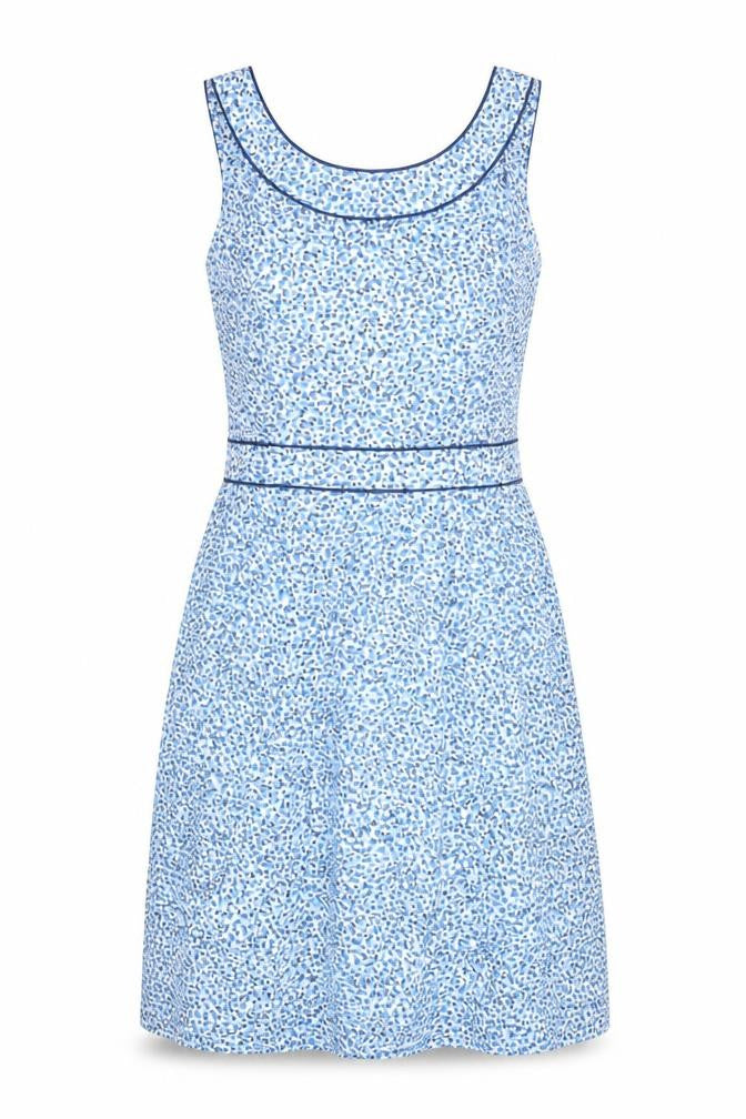 Front view of Simone women’s blue geometric cotton a-line, size UK 6, round neck zip