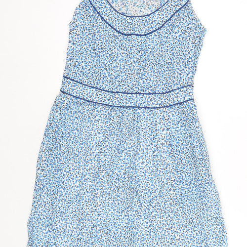 Simone Womens Blue Geometric Cotton A-Line Size 6 Round Neck Zip