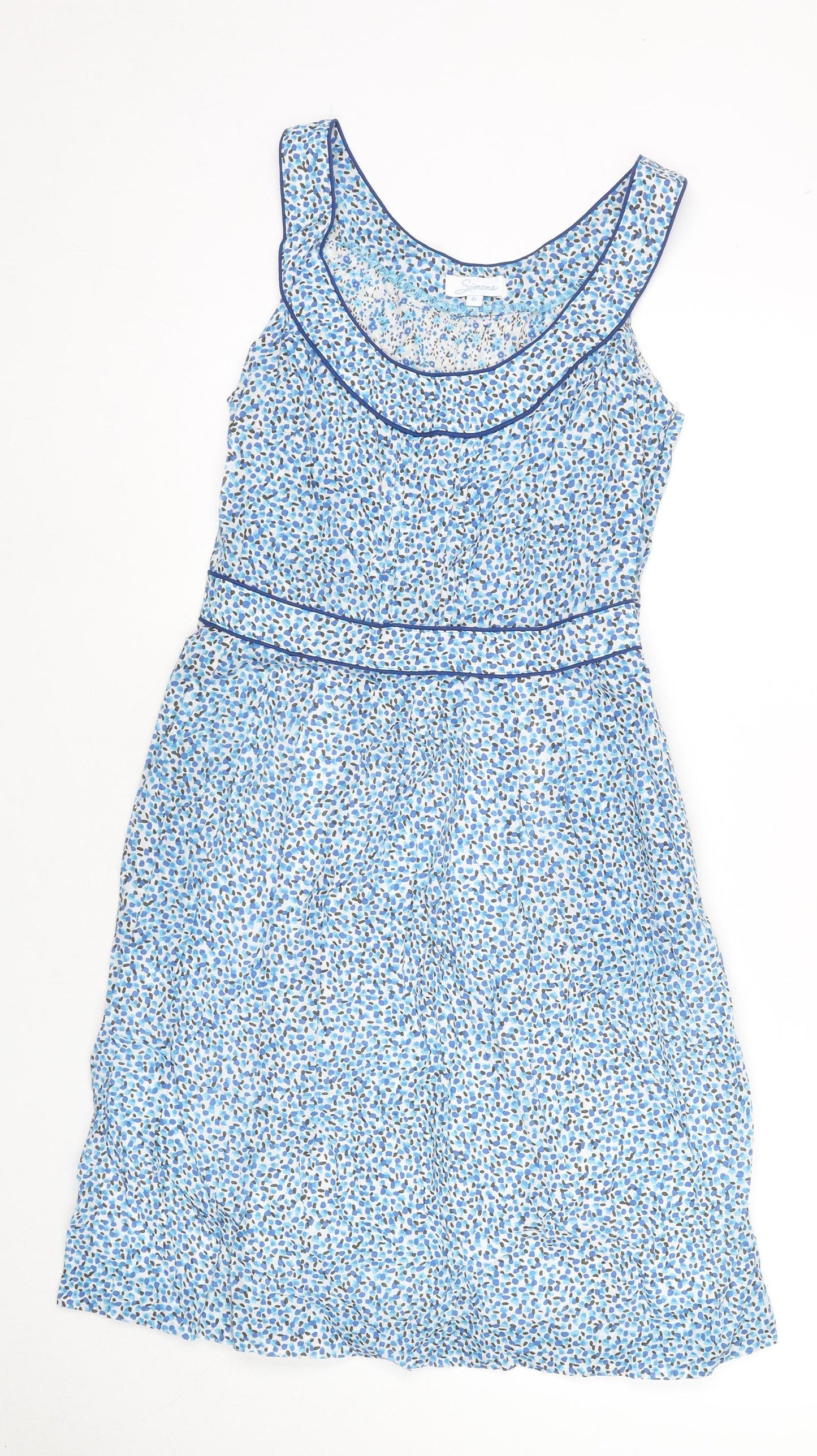 Simone Womens Blue Geometric Cotton A-Line Size 6 Round Neck Zip