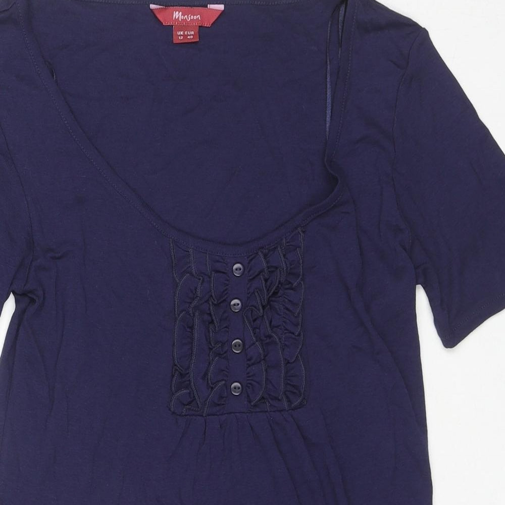 Monsoon Womens Blue Viscose Basic T-Shirt Size 12 Scoop Neck