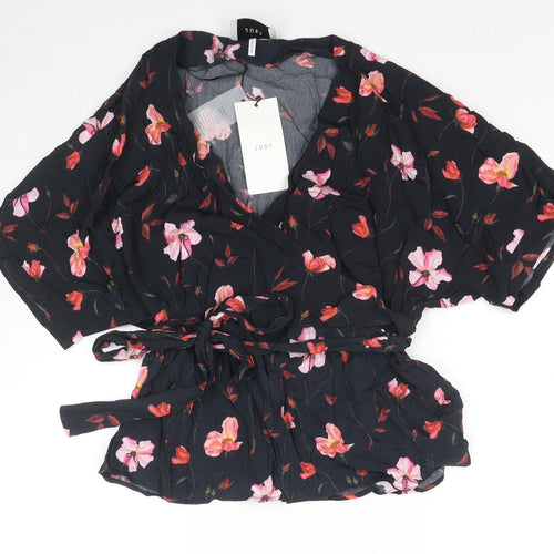 JUST Womens Black Floral Viscose Wrap Blouse Size S V-Neck