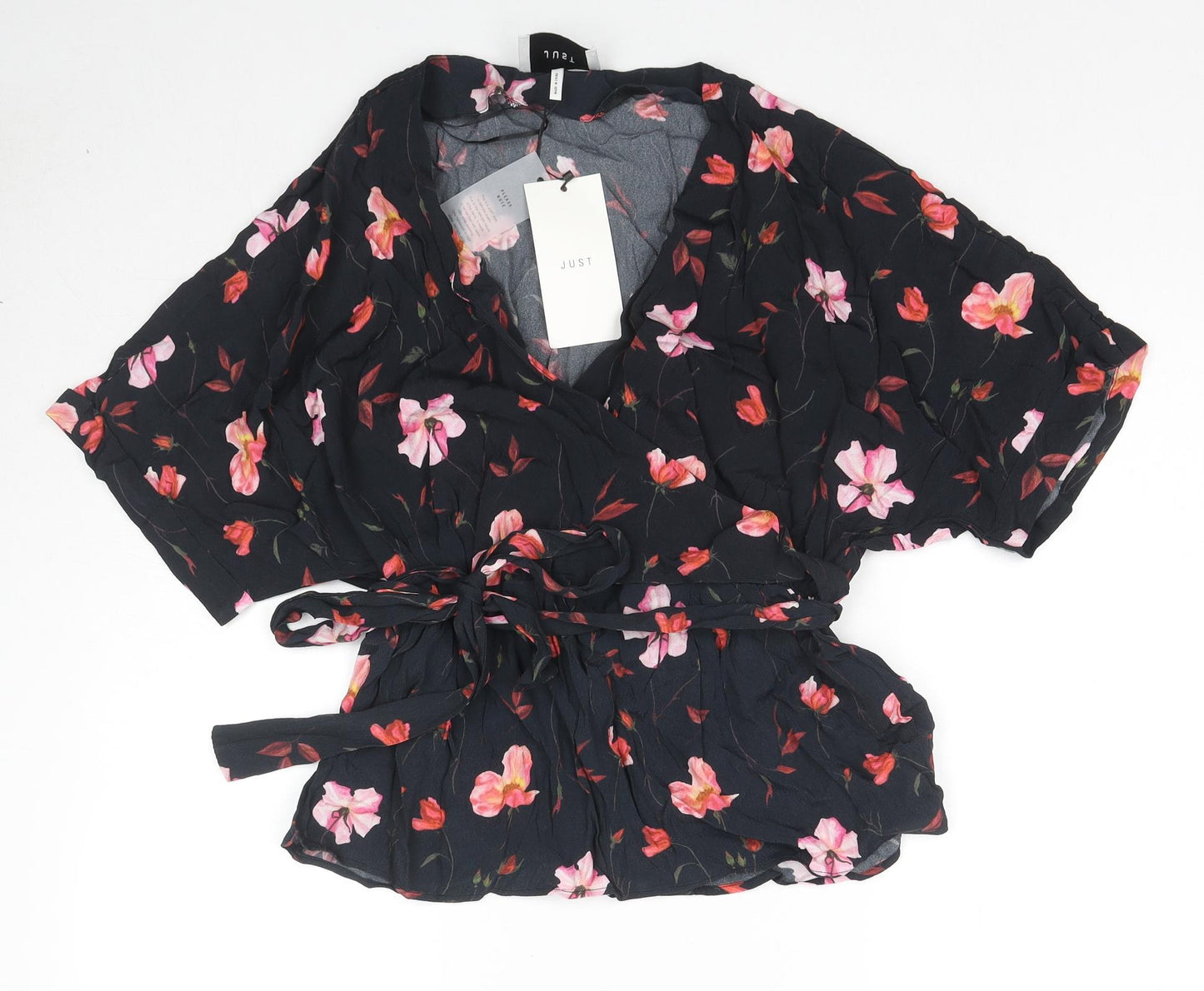 JUST Womens Black Floral Viscose Wrap Blouse Size S V-Neck