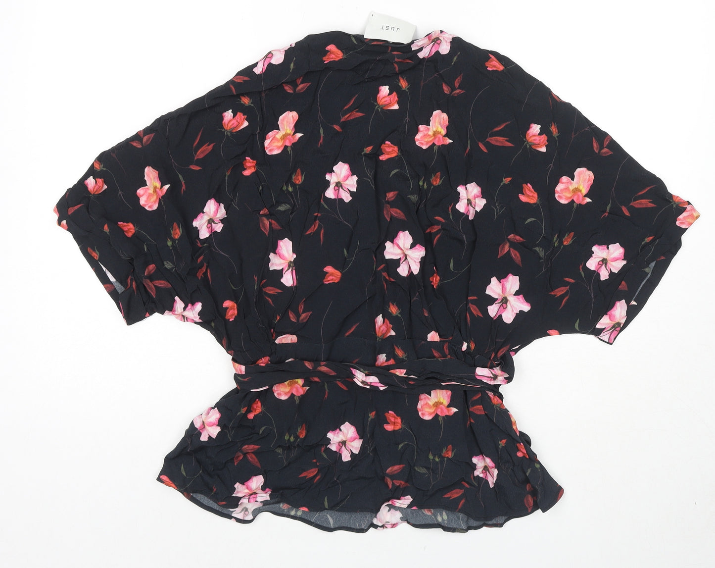 JUST Womens Black Floral Viscose Wrap Blouse Size S V-Neck