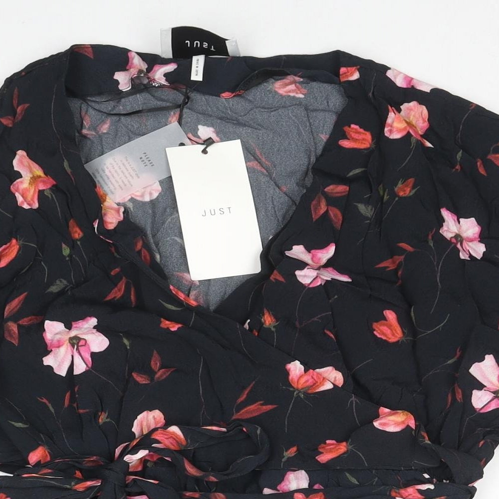 JUST Womens Black Floral Viscose Wrap Blouse Size S V-Neck