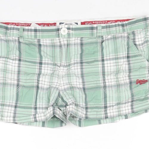 Superdry Womens Green Check Cotton Hot Pants Shorts Size L L3 in Regular Zip