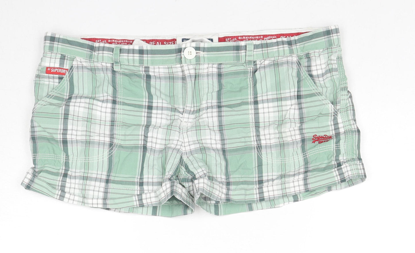 Superdry Womens Green Check Cotton Hot Pants Shorts Size L L3 in Regular Zip