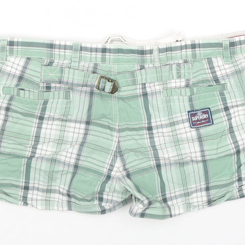 Superdry Womens Green Check Cotton Hot Pants Shorts Size L L3 in Regular Zip